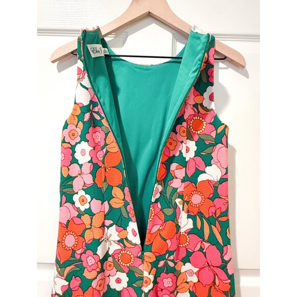 Eliza J 60's Mod Style Green Pink Floral Flower Print Embroidered Dress 2 Retro - Picture 6 of 10